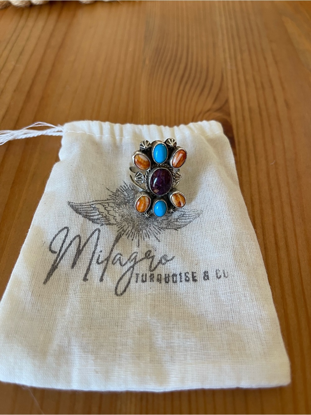 Native Made Running Bear 925 Sterling Ring with Turquoise and Spiny Oyster - Picture 5 of 5